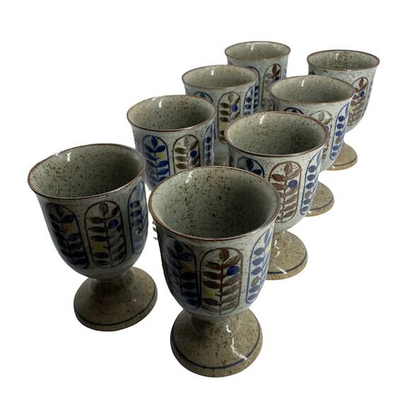 Vintage OTAGIRI Style Stonewear Goblet Set of 8 Berries Leaves 1970s Speckle - Picture 3 of 12